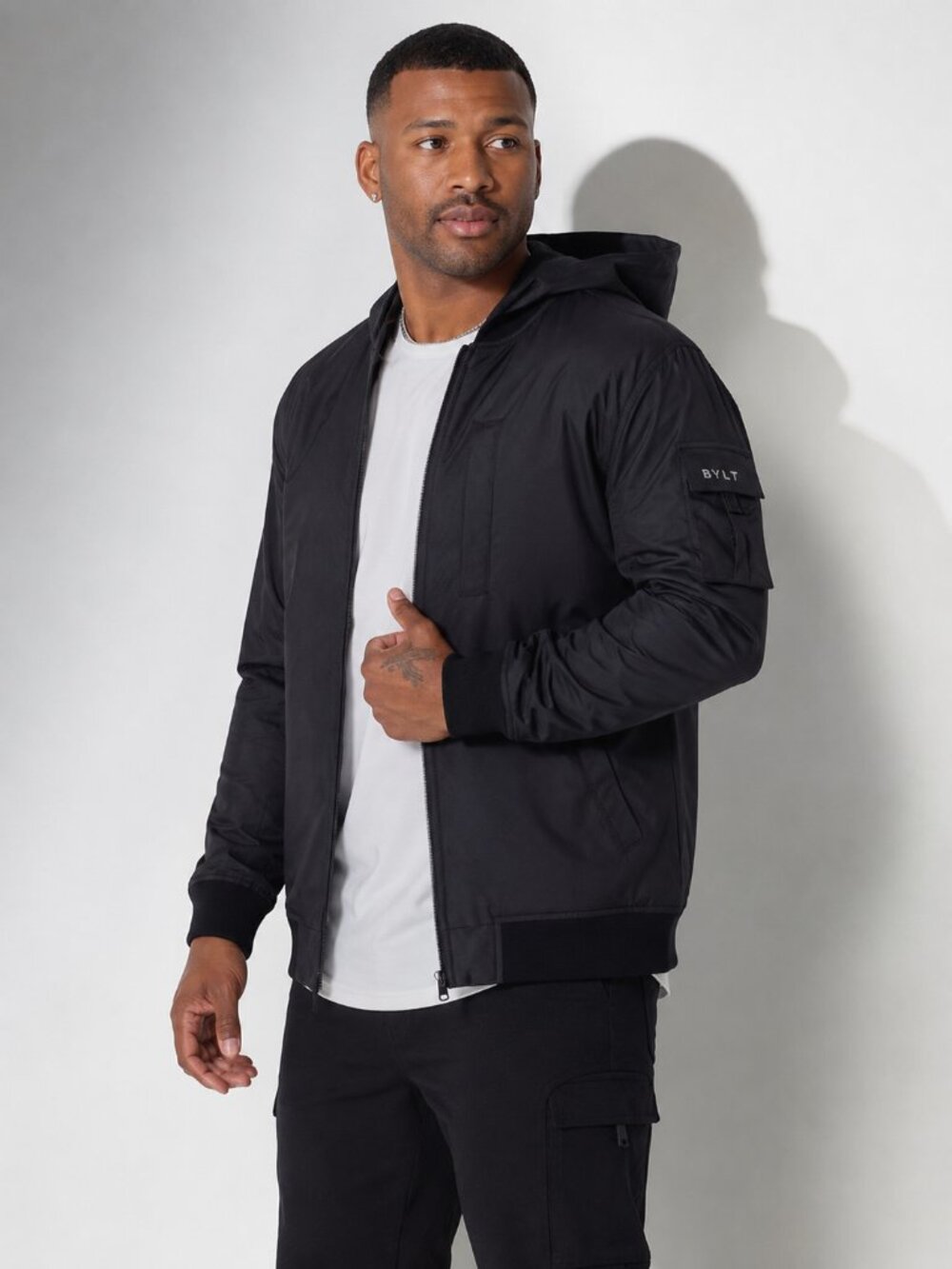 BYLT Courtside Reversible Bomber Hooded Jacket Black Tan Zip Front Utility